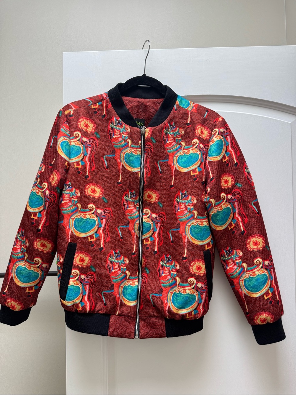 Thuy Design House Horse Print Silk Bomber Jacket Size S